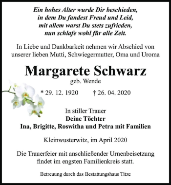 Traueranzeige von Margarete Schwarz (geb. Wende)  von Magdeburger Volksstimme