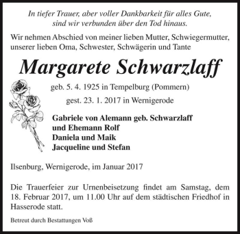 Traueranzeige von Margarete Schwarzlaff  von Magdeburger Volksstimme