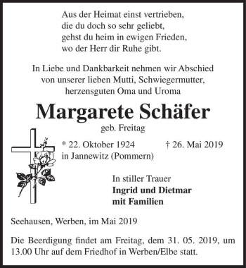 Traueranzeige von Margarete Schäfer (geb. Freitag)  von Magdeburger Volksstimme