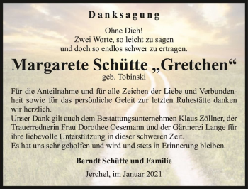 Traueranzeige von Margarete Schütte ,,Gretchen
