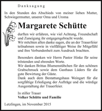 Traueranzeige von Margarete Schütte  von Magdeburger Volksstimme