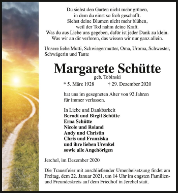 Traueranzeige von Margarete Schütte (geb. Tobinski)  von Magdeburger Volksstimme