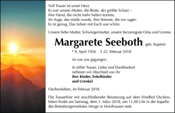 Traueranzeige von Margarete Seeboth (geb. Kupietz)  von Magdeburger Volksstimme
