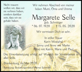 Traueranzeige von Margarete Selle (geb. Schnittger)  von Magdeburger Volksstimme
