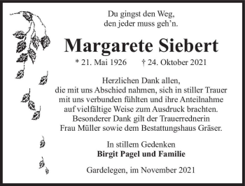Traueranzeige von Margarete Siebert  von Magdeburger Volksstimme