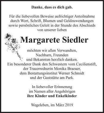 Traueranzeige von Margarete Siedler  von Magdeburger Volksstimme