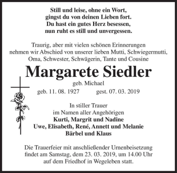 Traueranzeige von Margarete Siedler (geb. Michael)  von Magdeburger Volksstimme