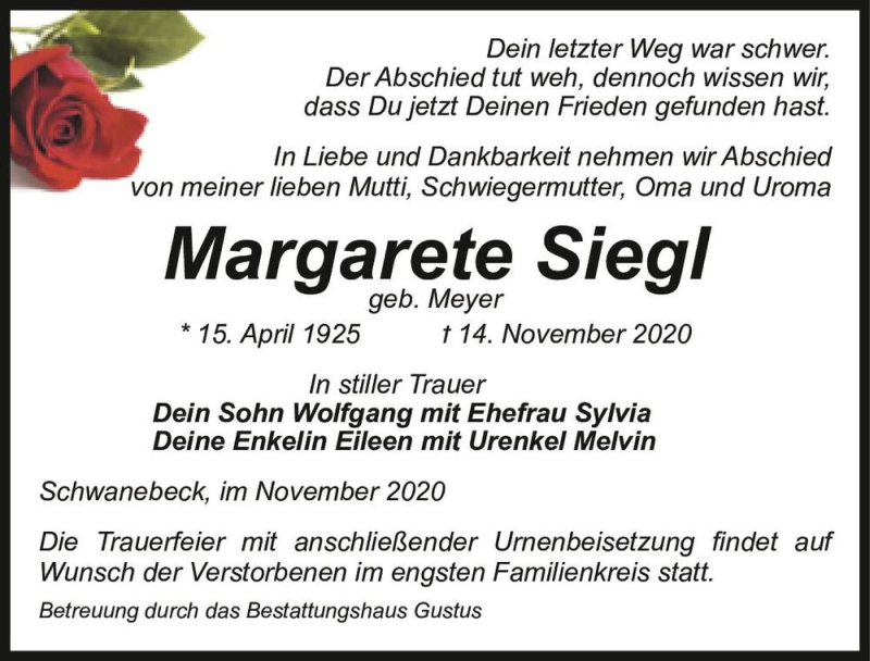  Traueranzeige für Margarete Siegl (geb. Meyer)  vom 21.11.2020 aus Magdeburger Volksstimme
