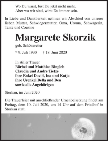 Traueranzeige von Margarete Skorzik (geb. Schönwetter)  von Magdeburger Volksstimme