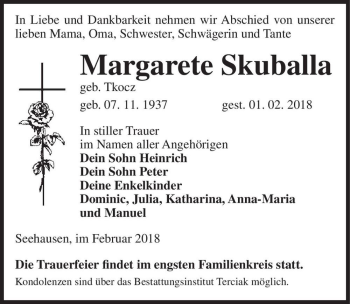 Traueranzeige von Margarete Skuballa (geb. Tkocz)  von Magdeburger Volksstimme