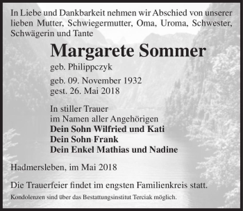 Traueranzeige von Margarete Sommer (geb. Philippczyk)  von Magdeburger Volksstimme
