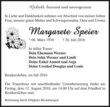 Traueranzeige von Margarete Speier  von Magdeburger Volksstimme