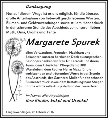 Traueranzeige von Margarete Spurek  von Magdeburger Volksstimme