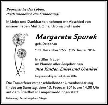 Traueranzeige von Margarete Spurek (geb. Deipenau)  von Magdeburger Volksstimme