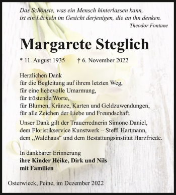 Traueranzeige von Margarete Steglich  von Magdeburger Volksstimme