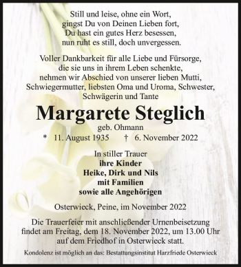 Traueranzeige von Margarete Steglich (geb. Ohmann)  von Magdeburger Volksstimme