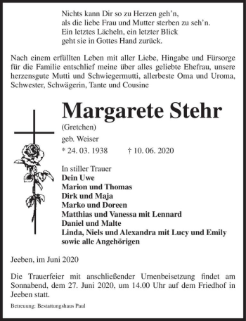 Traueranzeige von Margarete Stehr (Gretchen) (geb. Weiser)  von Magdeburger Volksstimme