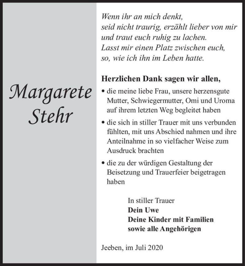  Traueranzeige für Margarete Stehr  vom 16.07.2020 aus Magdeburger Volksstimme