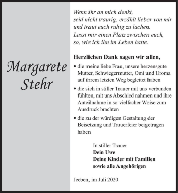 Traueranzeige von Margarete Stehr  von Magdeburger Volksstimme