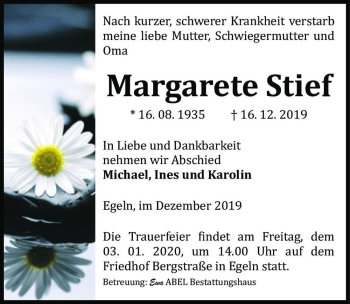 Traueranzeige von Margarete Stief  von Magdeburger Volksstimme