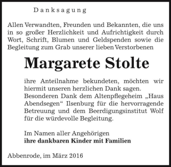Traueranzeige von Margarete Stolte  von Magdeburger Volksstimme
