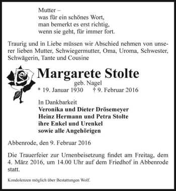 Traueranzeige von Margarete Stolte (geb. Nagel)  von Magdeburger Volksstimme