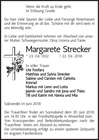 Traueranzeige von Margarete Strecker  von Magdeburger Volksstimme