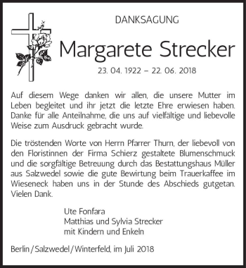 Traueranzeige von Margarete Strecker  von Magdeburger Volksstimme