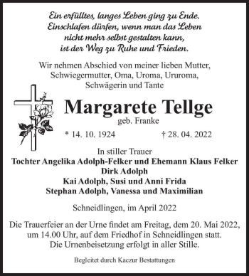 Traueranzeige von Margarete Tellge (geb. Franke)  von Magdeburger Volksstimme