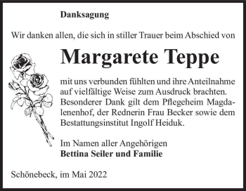 Traueranzeige von Margarete Teppe  von Magdeburger Volksstimme