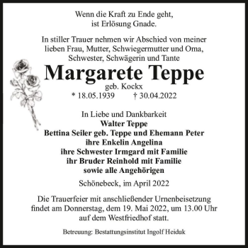 Traueranzeige von Margarete Teppe (geb. Kockx)  von Magdeburger Volksstimme