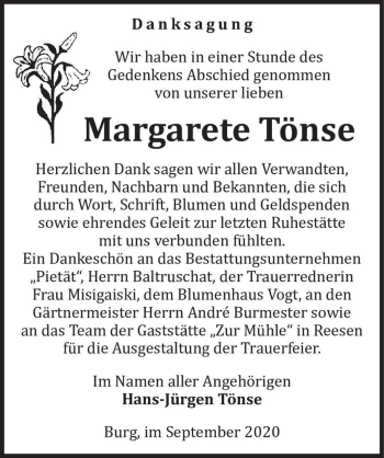 Traueranzeige von Margarete Tönse  von Magdeburger Volksstimme