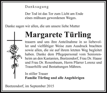 Traueranzeige von Margarete Türling  von Magdeburger Volksstimme
