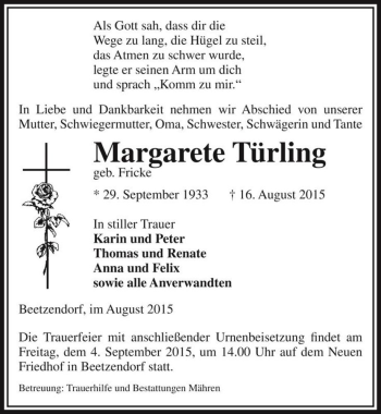 Traueranzeige von Margarete Türling (geb. Fricke)  von Magdeburger Volksstimme