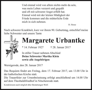 Traueranzeige von Margarete Urbantke  von Magdeburger Volksstimme