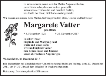 Traueranzeige von Margarete Vatter (geb. Bloch)  von Magdeburger Volksstimme