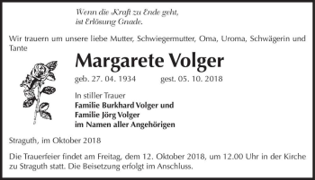 Traueranzeige von Margarete Volger  von Magdeburger Volksstimme