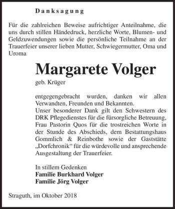 Traueranzeige von Margarete Volger (geb. Krüger)  von Magdeburger Volksstimme