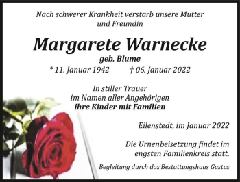 Traueranzeige von Margarete Warnecke (geb. Blume)  von Magdeburger Volksstimme