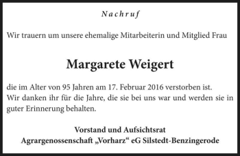 Traueranzeige von Margarete Weigert  von Magdeburger Volksstimme