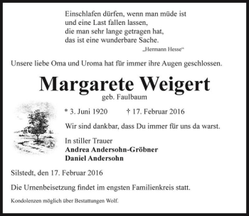 Traueranzeige von Margarete Weigert (geb. Faulbaum)  von Magdeburger Volksstimme