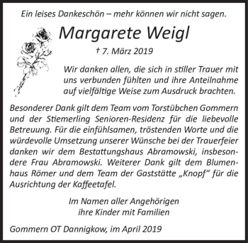 Traueranzeige von Margarete Weigl  von Magdeburger Volksstimme