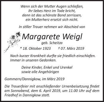 Traueranzeige von Margarete Weigl (geb. Scheitza)  von Magdeburger Volksstimme