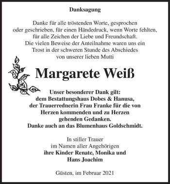 Traueranzeige von Margarete Weiß  von Magdeburger Volksstimme