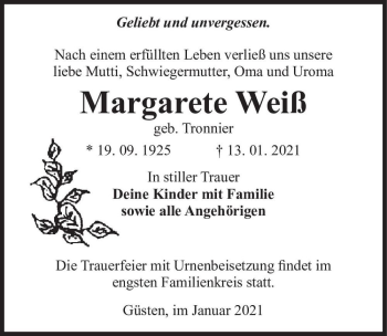 Traueranzeige von Margarete Weiß (geb. Tronnier)  von Magdeburger Volksstimme