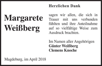 Traueranzeige von Margarete Weißberg  von Magdeburger Volksstimme