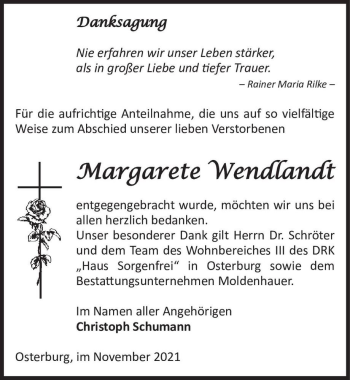 Traueranzeige von Margarete Wendlandt  von Magdeburger Volksstimme