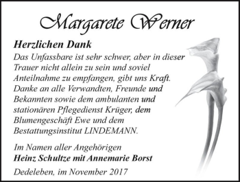 Traueranzeige von Margarete Werner  von Magdeburger Volksstimme