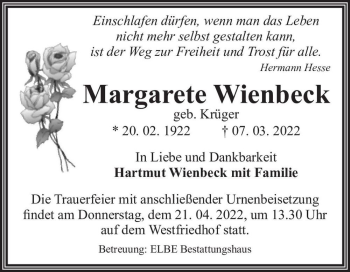 Traueranzeige von Margarete Wienbeck (geb. Krüger)  von Magdeburger Volksstimme