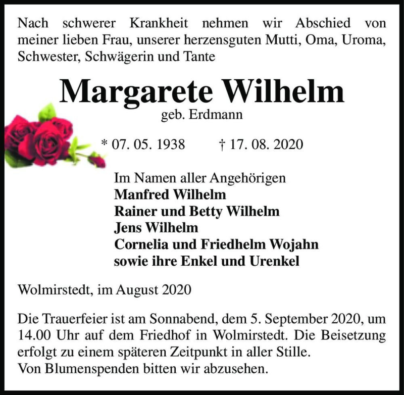  Traueranzeige für Margarete Wilhelm (geb. Erdmann)  vom 22.08.2020 aus Magdeburger Volksstimme
